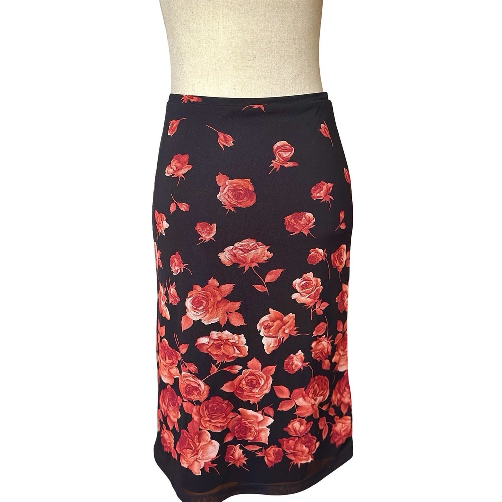Express Vtg Y2K Dark Floral Stretch Mesh Skirt Womens XS Goth Grunge Black Lined
